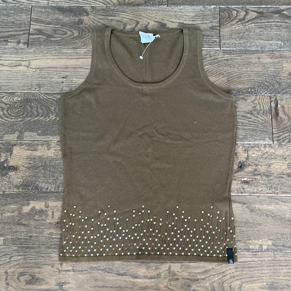 NWOT Calvin Klein Jeans Brown Sweater Tank with Cascading sequins on the bottom